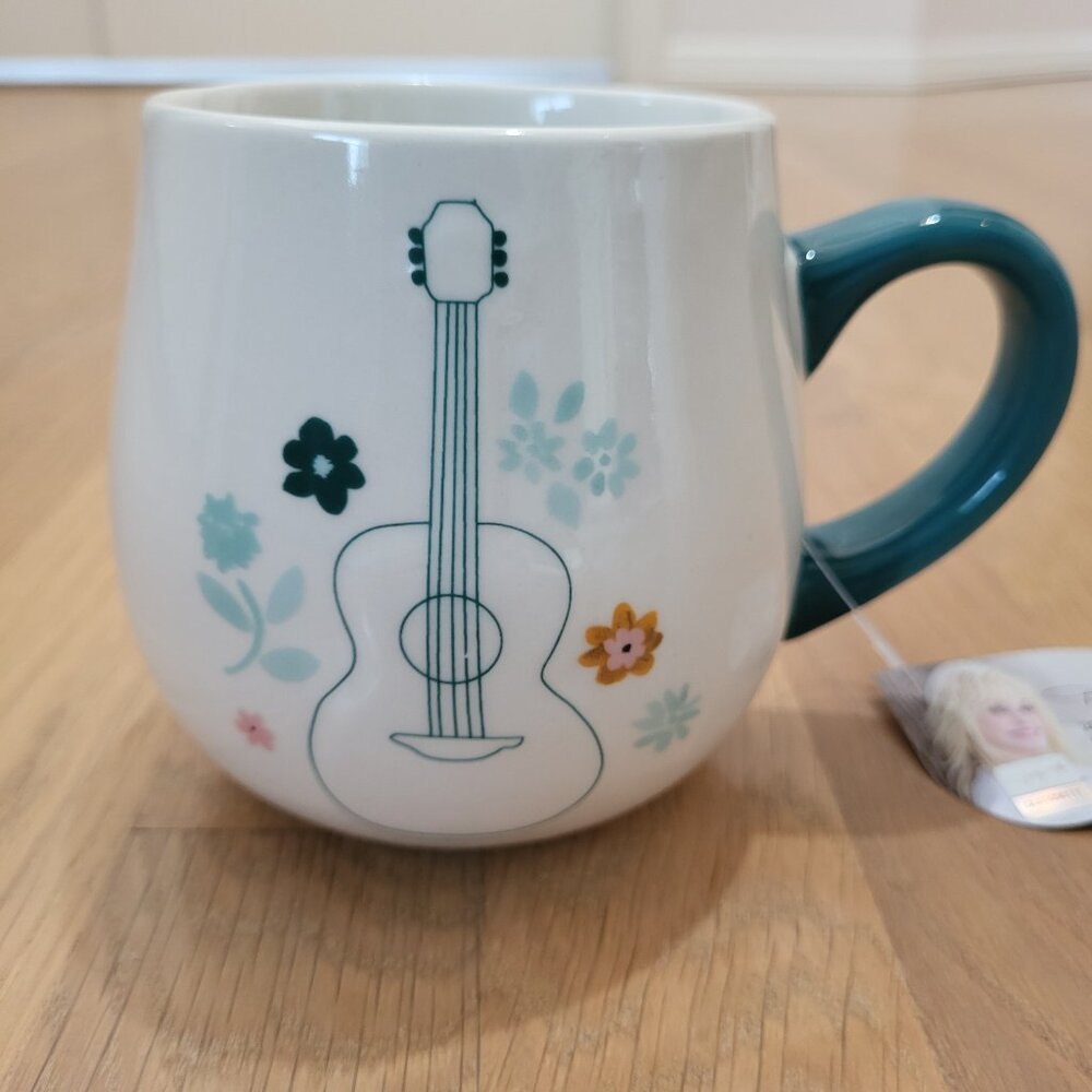 Dolly Parton Mug White Embossed Guitar Icon Flowers 20 oz Double Sided NWT